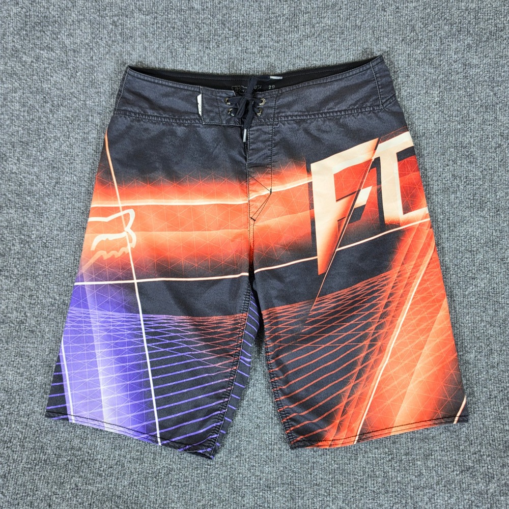 Y2K Fox Racing Mens Board Shorts Size 29 Black Orange Purple Synthwave Geometric
